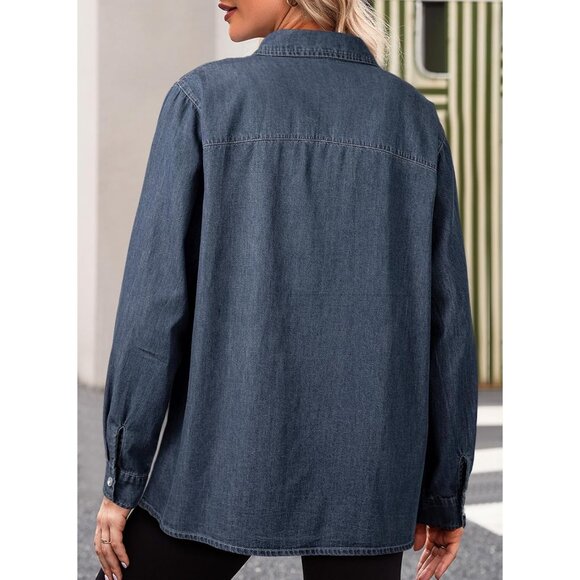 Women's Denim Shirt Long Sleeve Button Down V Neck Denim Jacket Ashleigh Blue - Picture 5 of 5